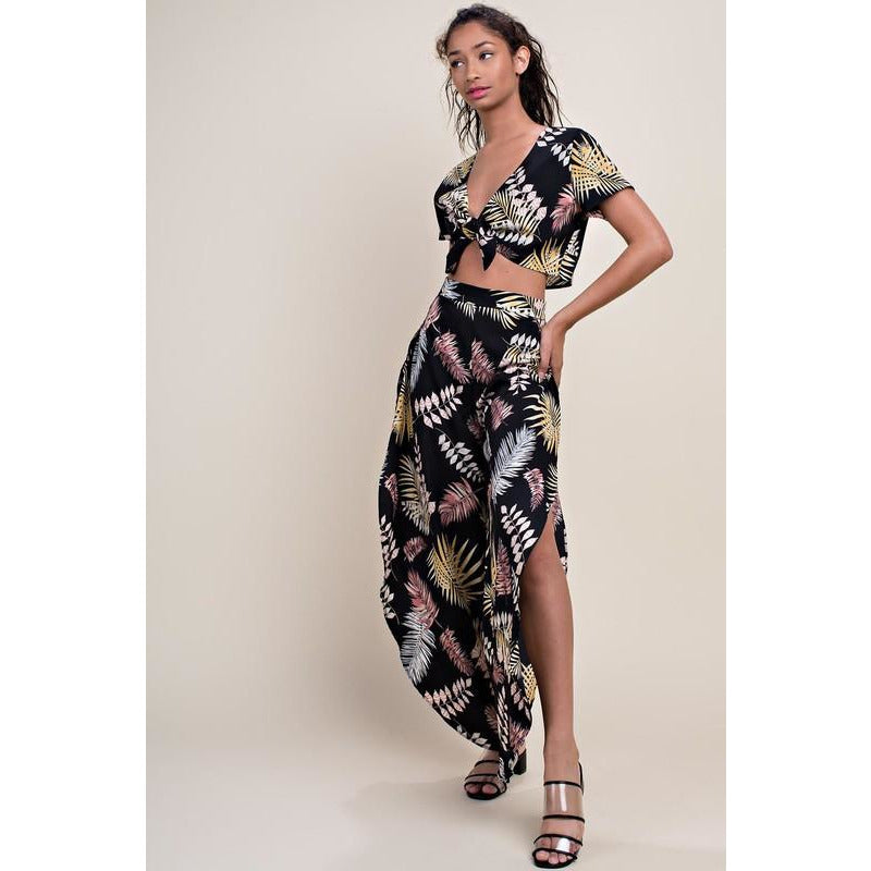 Multi Palm Tree Print With Side Slit Pants (Cali Urbn) - New2Youlx