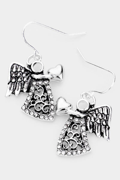 Metal Rhinestone Heart Angel Earrings