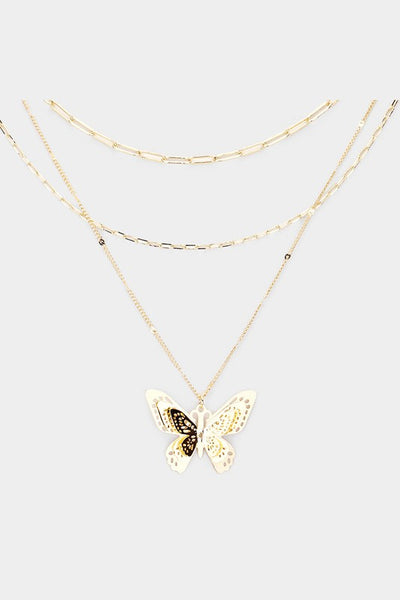 Cut Out Metal Butterfly Triple Layer Necklace (gold & silver )