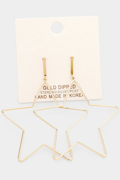 Gold Dipped Metal Bar Open Star Dangle Earrings